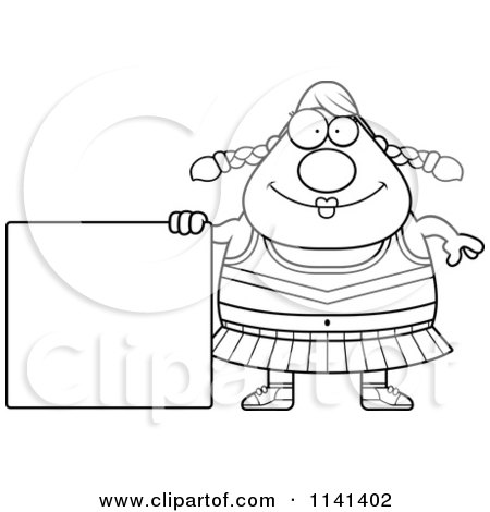 Cartoon Clipart Of A Black And White Chubby Cheerleader With A Sign - Vector Outlined Coloring Page by Cory Thoman