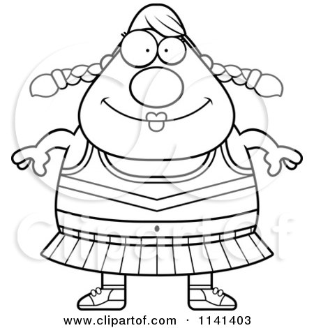 Cartoon Clipart Of A Black And White Happy Chubby Cheerleader - Vector Outlined Coloring Page by Cory Thoman
