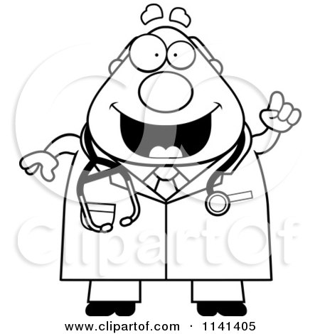Cartoon Clipart Of A Black And White Happy Chubby Male Doctor Or Veterinarian With An Idea - Vector Outlined Coloring Page by Cory Thoman