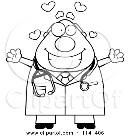 Cartoon Clipart Of A Black And White Happy Chubby Male Doctor Or Veterinarian Wanting A Hug - Vector Outlined Coloring Page by Cory Thoman