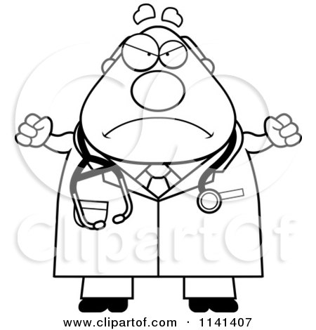 Cartoon Clipart Of A Black And White Angry Chubby Male Doctor Or Veterinarian - Vector Outlined Coloring Page by Cory Thoman