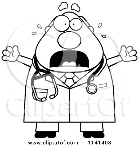 Cartoon Clipart Of A Black And White Panicking Chubby Male Doctor Or Veterinarian - Vector Outlined Coloring Page by Cory Thoman