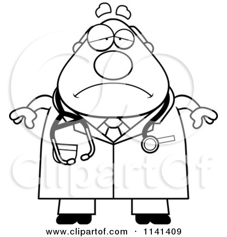 Cartoon Clipart Of A Black And White Depressed Chubby Male Doctor Or Veterinarian - Vector Outlined Coloring Page by Cory Thoman