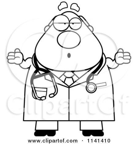 Cartoon Clipart Of A Black And White Careless Shrugging Chubby Male Doctor Or Veterinarian - Vector Outlined Coloring Page by Cory Thoman