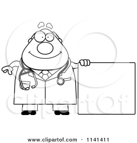 Cartoon Clipart Of A Black And White Happy Chubby Male Doctor Or Veterinarian  With A Sign - Vector Outlined Coloring Page by Cory Thoman