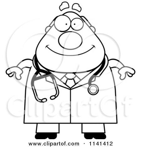 Cartoon Clipart Of A Black And White Happy Chubby Male Doctor Or Veterinarian - Vector Outlined Coloring Page by Cory Thoman
