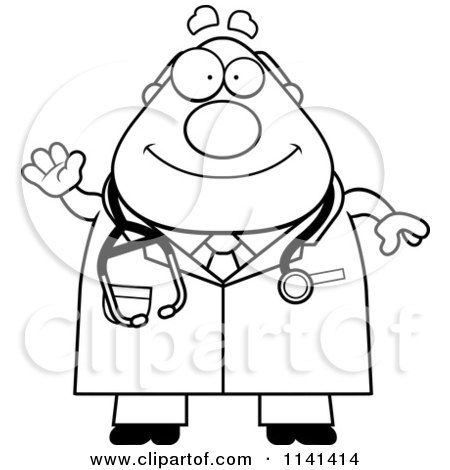 Cartoon Clipart Of A Black And White Waving Happy Chubby Male Doctor Or Veterinarian - Vector Outlined Coloring Page by Cory Thoman