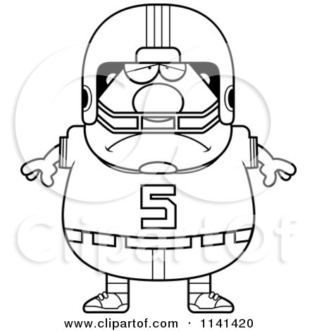 Cartoon Clipart Of A Black And White Depressed Chubby Football Player - Vector Outlined Coloring Page by Cory Thoman