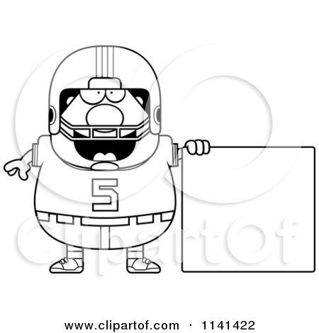 Cartoon Clipart Of A Black And White Chubby Football Player With A Sign - Vector Outlined Coloring Page by Cory Thoman
