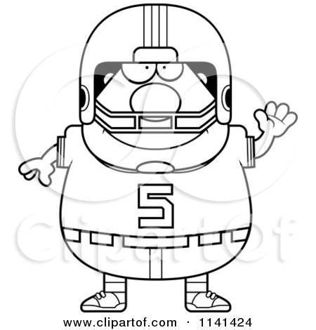 Cartoon Clipart Of A Black And White Waving Chubby Football Player - Vector Outlined Coloring Page by Cory Thoman