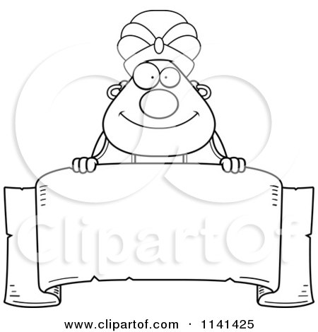 Cartoon Clipart Of A Black And White Chubby Green Genie Over A Banner - Vector Outlined Coloring Page by Cory Thoman