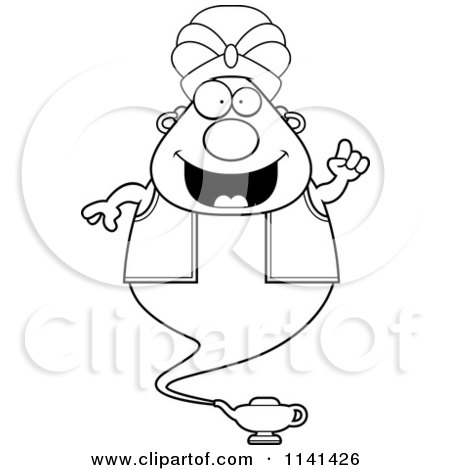 Cartoon Clipart Of A Black And White Chubby Genie With An Idea - Vector Outlined Coloring Page by Cory Thoman