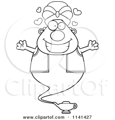 Cartoon Clipart Of A Black And White Loving Chubby Genie - Vector Outlined Coloring Page by Cory Thoman