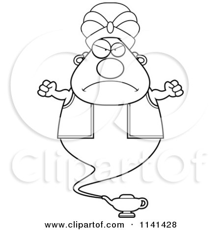 Cartoon Clipart Of A Black And White Angry Chubby Genie - Vector Outlined Coloring Page by Cory Thoman