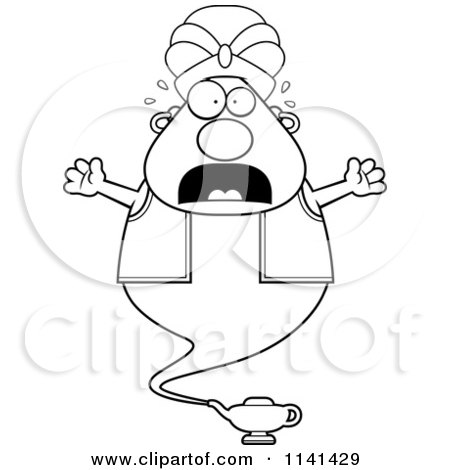 Cartoon Clipart Of A Black And White Frightened Chubby Genie - Vector Outlined Coloring Page by Cory Thoman