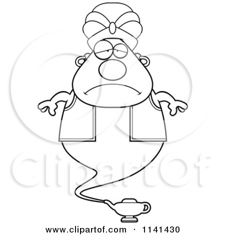 Cartoon Clipart Of A Black And White Depressed Chubby Genie - Vector Outlined Coloring Page by Cory Thoman