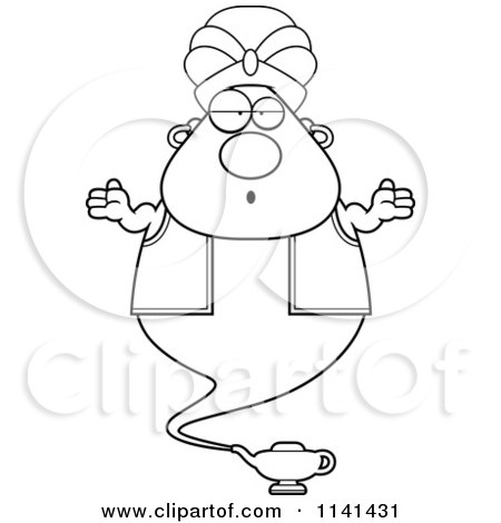Cartoon Clipart Of A Black And White Careless Chubby Genie - Vector Outlined Coloring Page by Cory Thoman