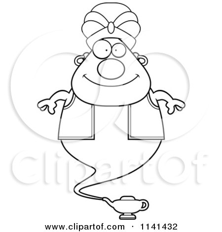 Cartoon Clipart Of A Black And White Happy Chubby Genie - Vector Outlined Coloring Page by Cory Thoman