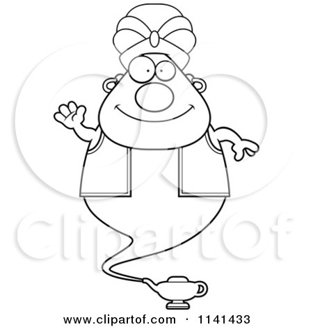 Cartoon Clipart Of A Black And White Waving Chubby Genie - Vector Outlined Coloring Page by Cory Thoman