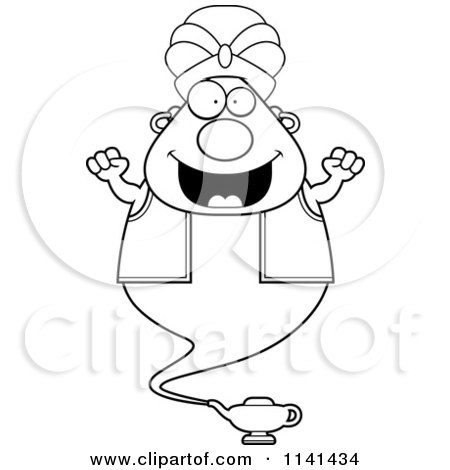 Cartoon Clipart Of A Black And White Excited Chubby Genie - Vector Outlined Coloring Page by Cory Thoman