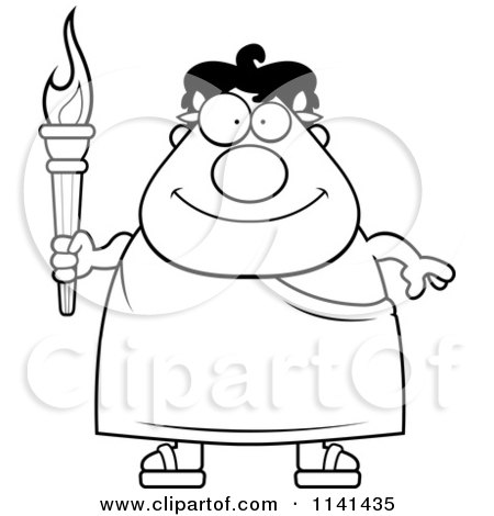 Cartoon Clipart Of A Black And White Happy Greek Man Holding An Olympic Torch - Vector Outlined Coloring Page by Cory Thoman
