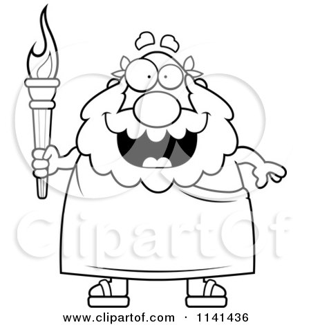 Cartoon Clipart Of A Black And White Happy Senior Greek Man Holding An Olympic Torch - Vector Outlined Coloring Page by Cory Thoman