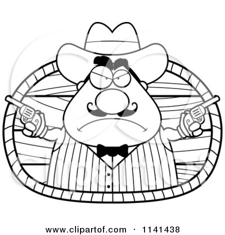 Cartoon Clipart Of A Black And White Chubby Male Wild West Cowboy Holding Guns - Vector Outlined Coloring Page by Cory Thoman