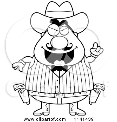 Cartoon Clipart Of A Black And White Chubby Male Wild West Cowboy With An Idea - Vector Outlined Coloring Page by Cory Thoman