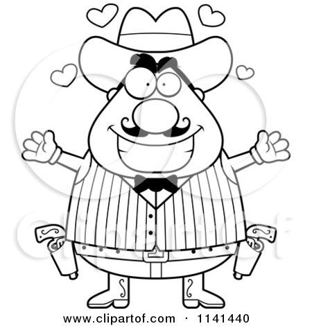 Cartoon Clipart Of A Black And White Chubby Male Wild West Cowboy Wanting A Hug - Vector Outlined Coloring Page by Cory Thoman
