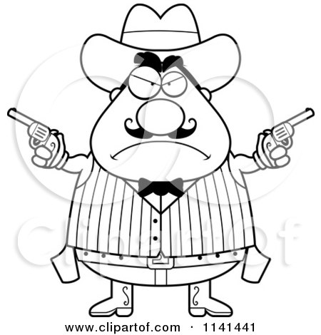Cartoon Clipart Of A Black And White Angry Chubby Male Wild West Cowboy Holding Pistols - Vector Outlined Coloring Page by Cory Thoman