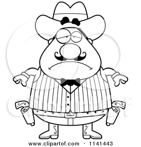 Cartoon Clipart Of A Black And White Depressed Chubby Male Wild West Cowboy - Vector Outlined Coloring Page by Cory Thoman