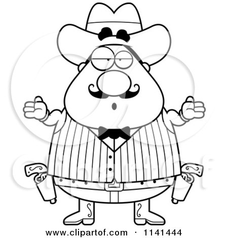 Cartoon Clipart Of A Black And White Careless Shrugging Chubby Male Wild West Cowboy - Vector Outlined Coloring Page by Cory Thoman