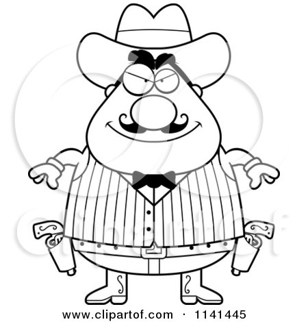 Cartoon Clipart Of A Black And White Grinning Chubby Male Wild West Cowboy - Vector Outlined Coloring Page by Cory Thoman