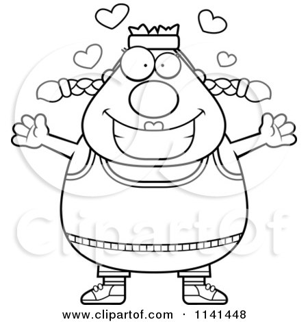 Cartoon Clipart Of A Black And White Amorous Plump Gym Woman - Vector Outlined Coloring Page by Cory Thoman