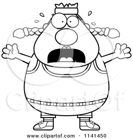 Cartoon Clipart Of A Black And White Stressed Plump Gym Woman - Vector Outlined Coloring Page by Cory Thoman