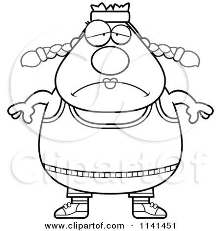 Cartoon Clipart Of A Black And White Depressed Plump Gym Woman - Vector Outlined Coloring Page by Cory Thoman