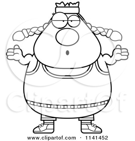 Cartoon Clipart Of A Black And White Careless Shrugging Plump Gym Woman - Vector Outlined Coloring Page by Cory Thoman