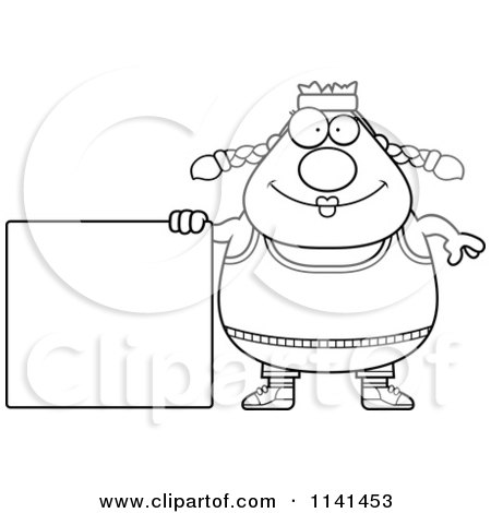 Cartoon Clipart Of A Black And White Plump Gym Woman With A Sign - Vector Outlined Coloring Page by Cory Thoman
