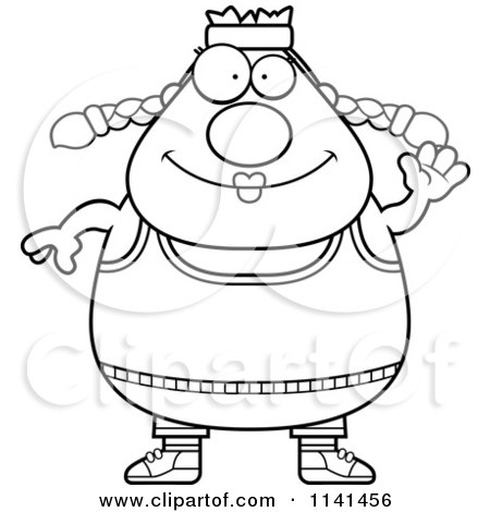 Cartoon Clipart Of A Black And White Waving Plump Gym Woman - Vector Outlined Coloring Page by Cory Thoman