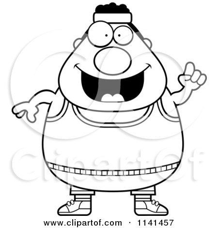 Cartoon Clipart Of A Black And White Happy Plump Gym Man With An Idea - Vector Outlined Coloring Page by Cory Thoman