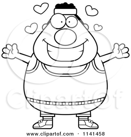 Cartoon Clipart Of A Black And White Amorous Plump Gym Man - Vector Outlined Coloring Page by Cory Thoman