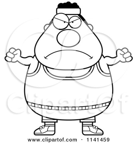 Cartoon Clipart Of A Black And White Angry Plump Gym Man - Vector Outlined Coloring Page by Cory Thoman