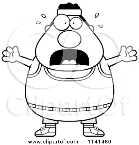 Cartoon Clipart Of A Black And White Stressed Plump Gym Man - Vector Outlined Coloring Page by Cory Thoman