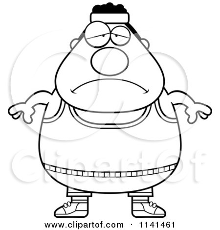 Cartoon Clipart Of A Black And White Depressed Plump Gym Man - Vector Outlined Coloring Page by Cory Thoman