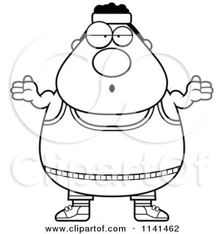 Cartoon Clipart Of A Black And White Careless Shrugging Plump Gym Man - Vector Outlined Coloring Page by Cory Thoman