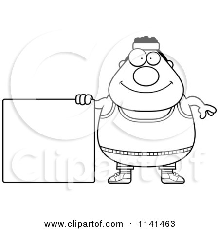 Cartoon Clipart Of A Black And White Plump Gym Man With A Sign - Vector Outlined Coloring Page by Cory Thoman