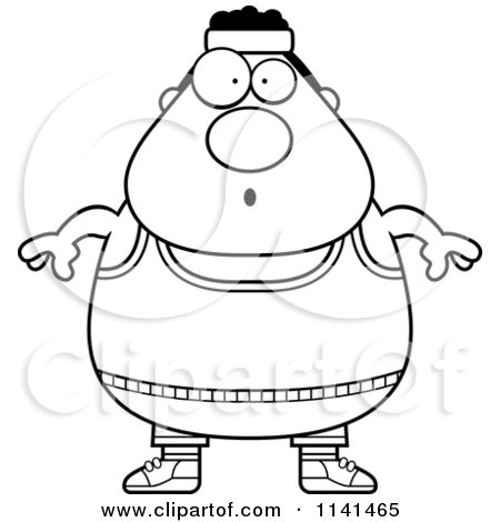 Cartoon Clipart Of A Black And White Surprised Plump Gym Man - Vector Outlined Coloring Page by Cory Thoman