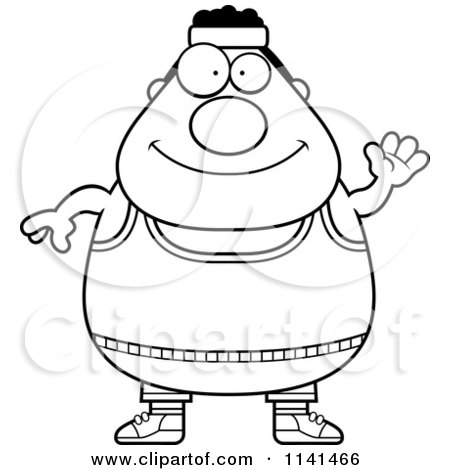 Cartoon Clipart Of A Black And White Waving Plump Gym Man - Vector Outlined Coloring Page by Cory Thoman