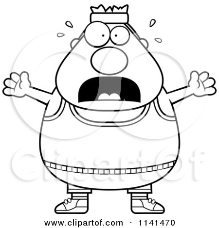 Cartoon Clipart Of A Black And White Stressed Plump Gym Man - Vector Outlined Coloring Page by Cory Thoman