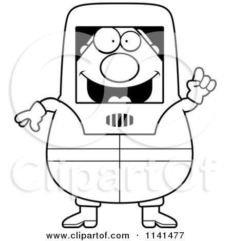 Cartoon Clipart Of A Black And White Hazmat Hazardous Materials Removal Worker With An Idea - Vector Outlined Coloring Page by Cory Thoman